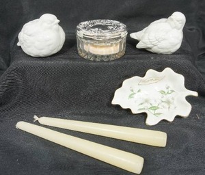 lot 124 image: Collectible Lefton China Hand Painted Leaf Shaped Dish Worlds Fair 1982 Knoxville Tennessee, Rare Ceramic Chubby Bird Figurine Sweden Keramik Scandinavian Style Pair, Antique Repousse Vanity Bottle wSilver Shaker Lid Victorian Vanity Beveled Jar Etc...
