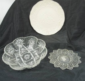 lot 127 image: LENOX The Wedding Promises Marriage Plate Anniversary 12 Plate White Bells, Early American Press-Cut 12 Paneled Serving Bowl Scalloped Anchor Hocking, Vintage Federal Glass Petal Pattern Dessert Plate...