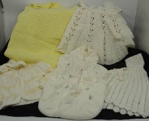 lot 131 image: Beautiful Vintage 1960s Crocheted Baby Blanket Onsie Hoodie Throw Etc...
