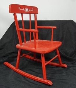 lot 132 image: Vintage Childs Red Decal Rocking Chair...