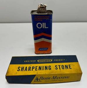 lot 3 image: Vintage Behr-Manning Norton Sharpenning Stone Box (BOX ONLY) & Norton Oil Can 34 Full
