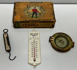lot 5 image: Vintage Items Including Cremo Cigar Box, Redlin Implement Pontiac Company & Viking JR. Scale