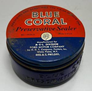 lot 6 image: Vintage FORD MOTOR COMPANY Blue Coral Sealer Finishing Preservative Sealer Jar (With Contents)
