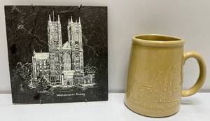 lot 85 image: Bennington Pottery Embossed Smithsonian Institution Mug Marked On Bottom & Flambro Westminster Abbey Printed 6 x 6 Stone Tile