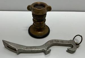 lot 91 image: Vintage Akron Style 10 Firefighters Wrench & Antique Fire Nozzle