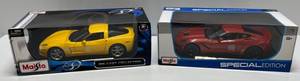 lot 93 image: Maisto 118 Scale Special Edition Die-Cast 2005 Chevrolet Corvette Coupe & 2014 Corvette Stigray Z51  (NIB)