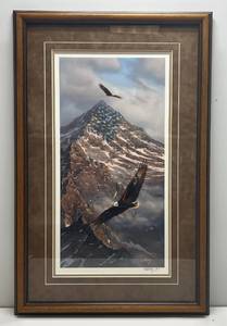 lot 130 image: Framed & Matted Behind Glass Pencil Signed Rick Kelly  On Freedoms Wings  Print 19 34 x 30 12