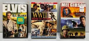 lot 162 image: Misc. Sealed DVD Sets Including WWII Road To Victory 5 disc set, Mel Gibson Braveheart, Payback & We Were Soldiers Set & Elvis GI Blues