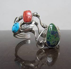 lot 5 image: Sculptural Sterling Silver Cuff Bracelet wTurquoise & Azurite