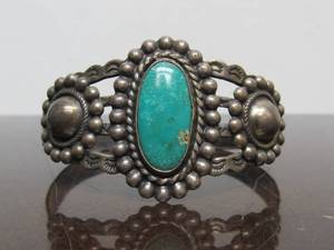 lot 11 image: Orig 1930s SILVER ARROW Southwestern Sterling Silver & Turquoise Cuff Bracelet