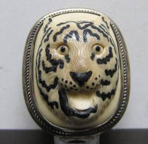lot 49 image: Carved Bone Sterling Silver Tiger Brooch Pendant 