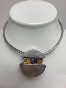 lot 41 image: Wonderful Modernist Designer Sterling Silver & 10K Gold Pendant Necklace