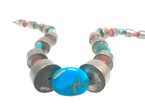 lot 58 image: Beautiful Large Chunky Bead Necklace w Large Antique Sterling Silver, Coral & Turquoise Beads