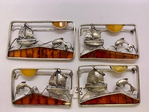 lot 72 image: Lot of 4 VESSEL Sterling Silver & Baltic Amber Nautical Scene Brooch Pins