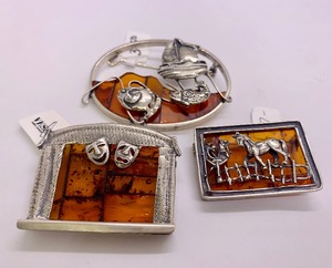 lot 73 image: Lot of 3 VESSEL Sterling Silver & Baltic Amber Brooch Pins