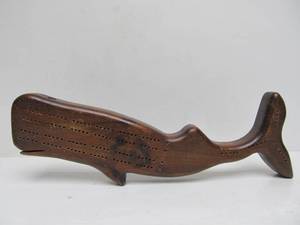 lot 78 image: Large Vintage Carved Wood Whale Cribbage Board