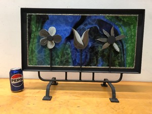 lot 148 image: Great Looking Stained Glass & Iron Screen wSteel Flowers