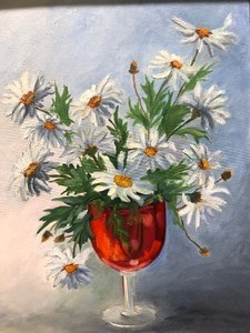 lot 149 image: Framed Signed Original Oil on Canvas Painting by MN Artist Mildred Schlueter - Daisies in Wine Glass