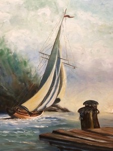 lot 152 image: Framed Signed Original Oil on Canvas Painting by MN Artist Mildred Schlueter - Dramatic Sailboat Scene
