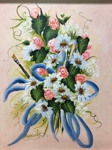 lot 154 image: Framed Signed Orig Oil on Canvas Painting by MN Artist Mildred Schlueter - Vibrant Still Life wDaisies & Roses #1