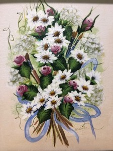 lot 155 image: Framed Signed Orig Oil on Canvas Painting by MN Artist Mildred Schlueter - Vibrant Still Life wDaisies & Roses #2