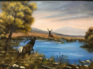 lot 157 image: Framed Signed Original Oil on Canvas Painting by MN Artist Mildred Schlueter - Pond Scene wElk