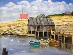 lot 158 image: Framed Signed Original Oil on Canvas Painting by MN Artist Mildred Schlueter - Lakeshore wBoathouse
