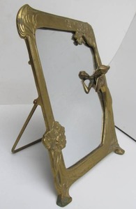 lot 264 image: Vintage Brass Art Nouveau Figural Vanity Mirror wMaiden