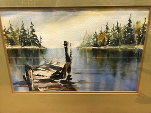 lot 320 image: Mid Century Framed Watercolor Lake Shore Dock Scene