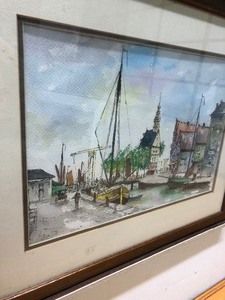 lot 322 image: Mid Century Original Watercolor Harbor Scene Painting