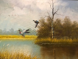 lot 330 image: Original Duck Hunt Scene Oil Painting Signed
