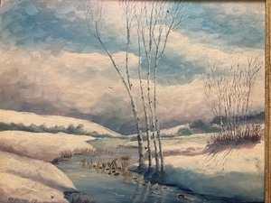 lot 336 image: Vintage Original S. Weiner Winter Stream Scene Painting Signed