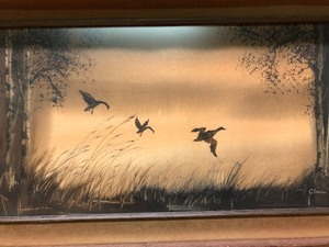 lot 337 image: Framed Vintage Original Watercolor Painting wFlying Ducks