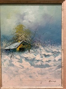 lot 338 image: Framed Vintage Original Oil Painting on Canvas - Winter Cabin