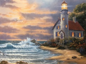 lot 339 image: Framed DERK Hansen Print - Lighthouse Shore Scene