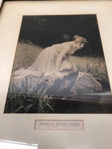 lot 373 image: Framed Antique Lithograph Print - Psyche at Natures Mirror by Paul Thumann