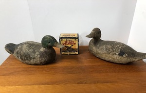 lot 385 image: 2 Vintaeg Carved Wood Duck Decoys & Old Peters Ammunition Advertising Ammo Box