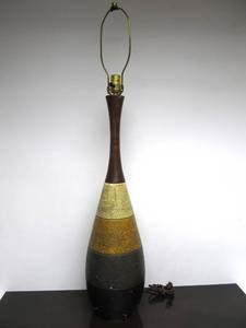 lot 249 image: Vintage London Lamps 1960 Ceramic Earth Tones W Wood Tall Lamp