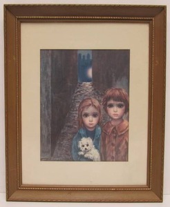 lot 275 image: Vintage Keane Big Eyed Boy & Girl w Puppy Lost Art Print