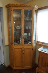 lot 2 image: Solid Wood Oak() Lighted Corner Hutch Curio Cabinet...THIS IS LOCATED ON the main LEVEL Please bring your helpers