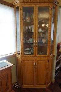 lot 3 image: Solid Wood Oak() Lighted Corner Hutch Curio Cabinet...THIS IS LOCATED ON the main LEVEL Please bring your helpers