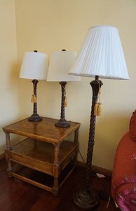 lot 5 image: Lighting Set of Three Twisted Column Tassel Decor Candle Stick Floor and Table Light Lamp...