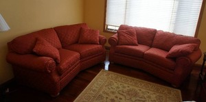 lot 6 image: Flexsteel Duo Corner-Style Loveseat Two-Cushion Angle-BackFront Couch Dragonfly Upholstery... THIS IS LOCATED ON the main LEVEL Please bring your helpers