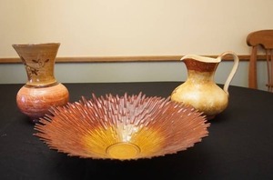 lot 13 image: Mid-Century Modern Pavel Panek Starburst 15 Glass Bowl RARE Orange Red MINT Made in Italy, Vtg. RALE 10 Vase and 8 Pitcher Handmade Italian European Art Pottery Original Tags...
