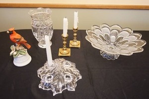 lot 15 image: Bohemian Glass ART DECO Frosted Clear Pedestal Scalloped Bowl, Waterford Marquis Crystal 8-34 Advent Wreath Candleholder, Waterford 1999 Crystal Artisan 8.5 Vase Ireland...
