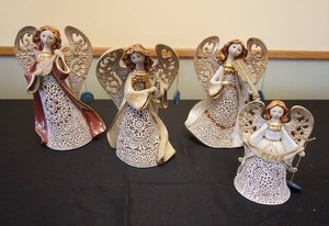 lot 18 image: Origins Artisan Collection by Roman Christmas Cream Angel Playing Violin Siteen Mandolin Harp and Angel Bell wPeace Banner...