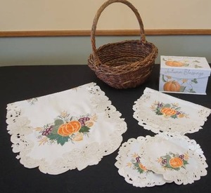 lot 23 image: Holiday DeCor...Fall Harvest Pumpkin Doily Table Linen, Ceramic Pumpkin, Basket...