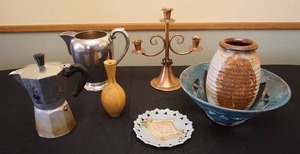 lot 25 image: Artist Signed See Through Sea View Pottery Bowl Basket, Vintage Gregorian Solid Copper Candelabra 3 Taper Candle Holder...