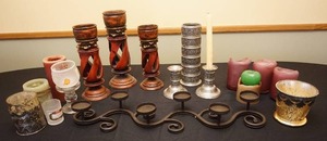 lot 28 image: Table Top Vintage DeCor English Oak-Style Open Barley Twist Candlesticks, Pewter Cylindrical Vase Designed by Arne Haugrud for Haugrud Tinn of Norway Scandinavian Cross Design Bottom Marked and Matching Candle Sticks...