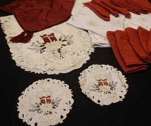lot 34 image: Holiday DeCor Vintage Table Top Mantle Linen Textile Candlestick Machine Embroidered...